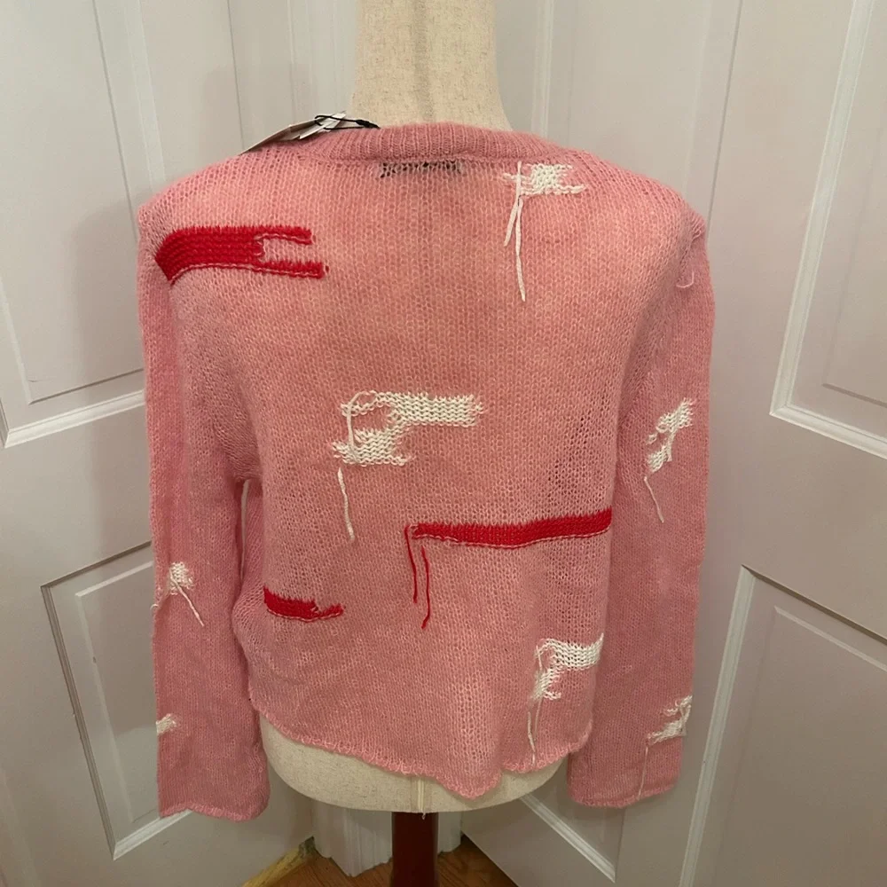NWT ZARA Distressed‎ Knit Cropped Cardigan Sweater Pink Red White Medium